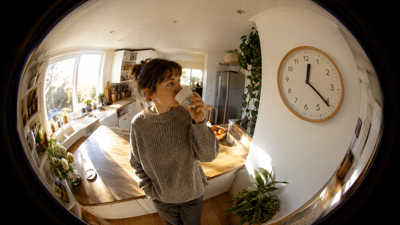 Persona tomando café mirando el reloj con hora capicúa 12:21