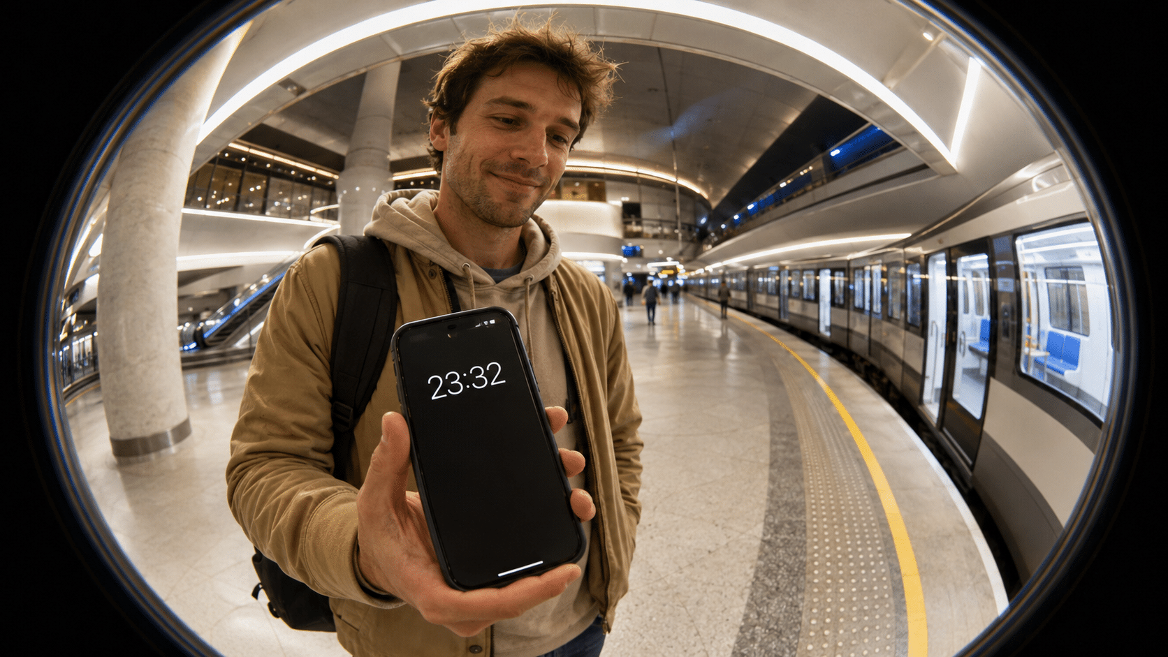 Móvil mostrando la hora capicúa 23:32 en una estación de metro