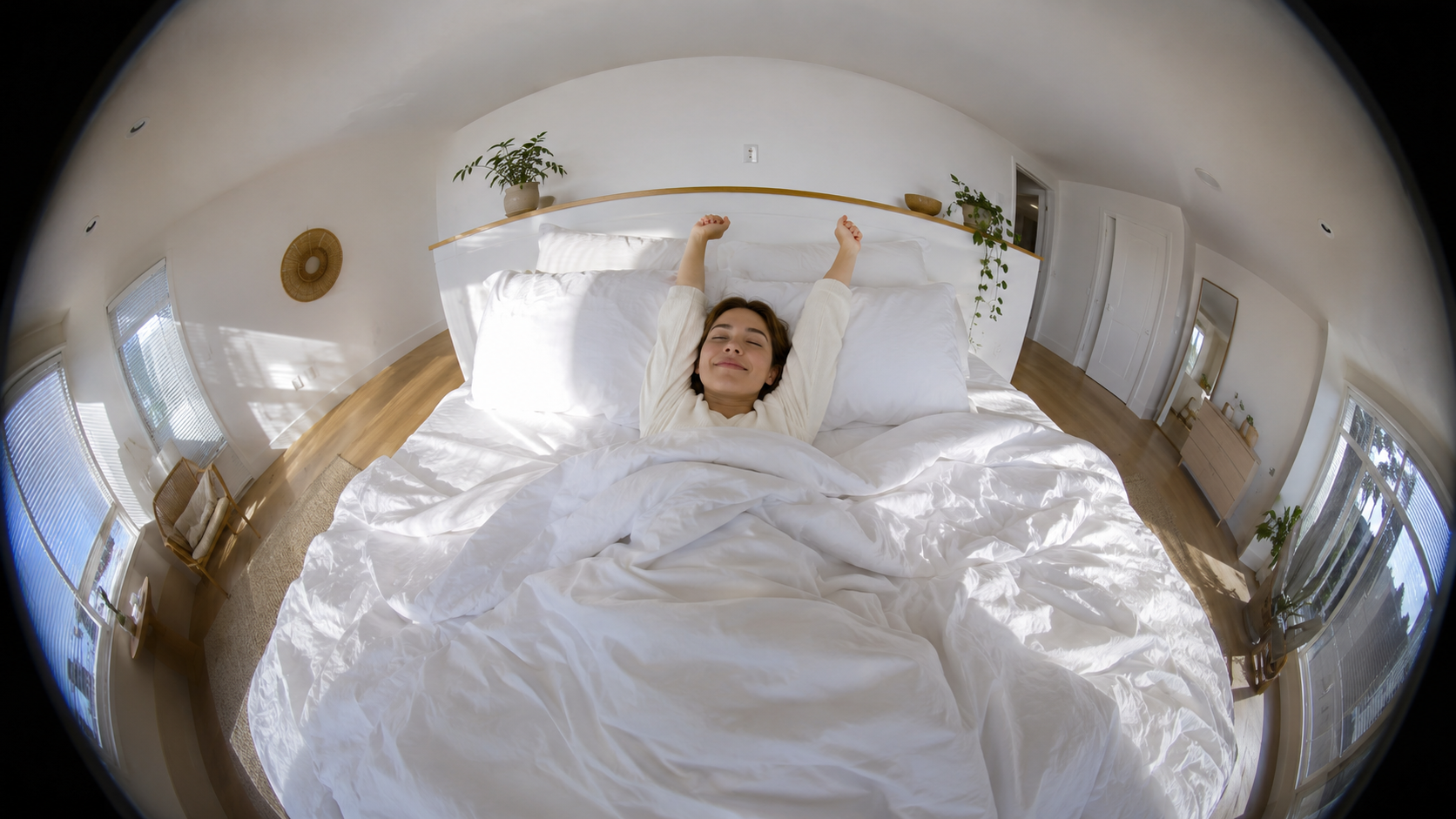 Persona durmiendo boca arriba en postura estrella con los brazos extendidos